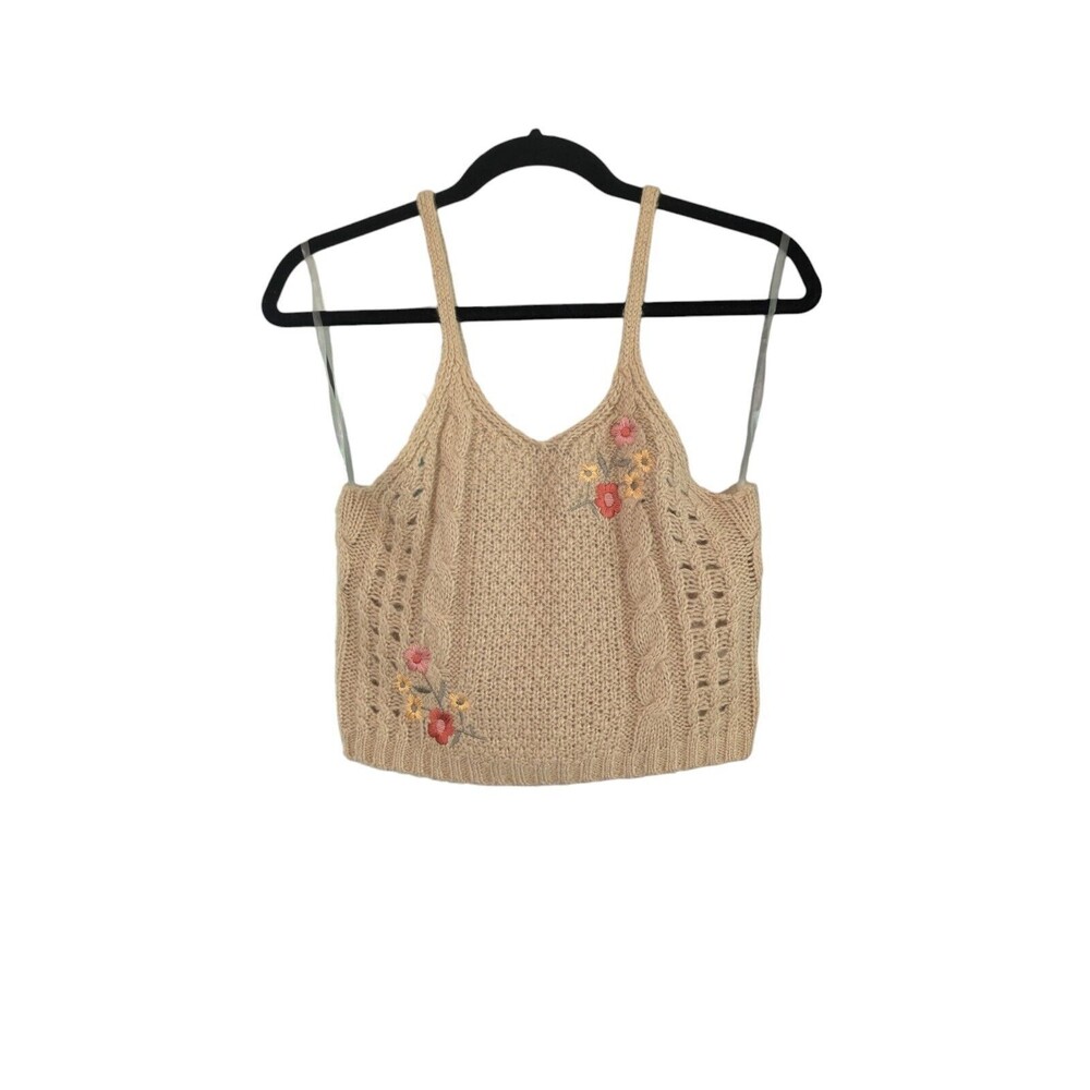 Crave Fame Tan Floral Embroidered Crop  Sweater Tank Size XSmall Crocheted Tank